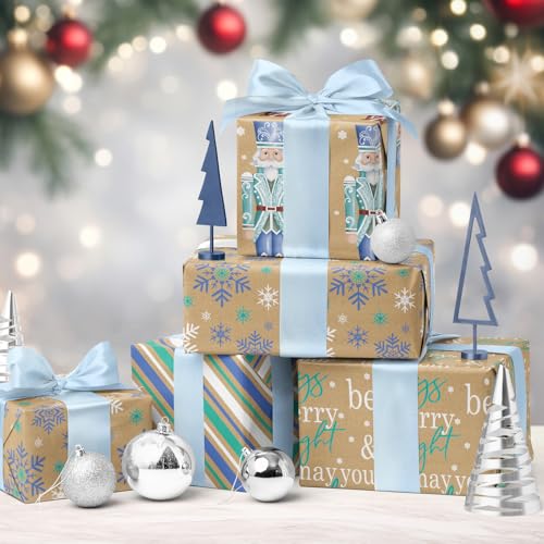 RUSPEPA Christmas Kraft Wrapping Paper - Owl, Reindeer, Christmas Ball and Text Design - 4 Rolls - 30 inches x 10 feet per Roll