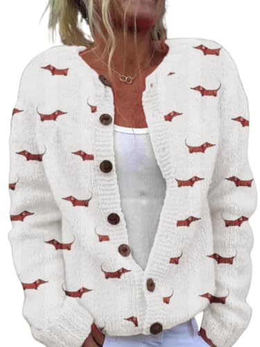 Women's Funny Fall Winter Animal Floral Christmas Tree Long Sleeve Button Knit Cardigan Sweater