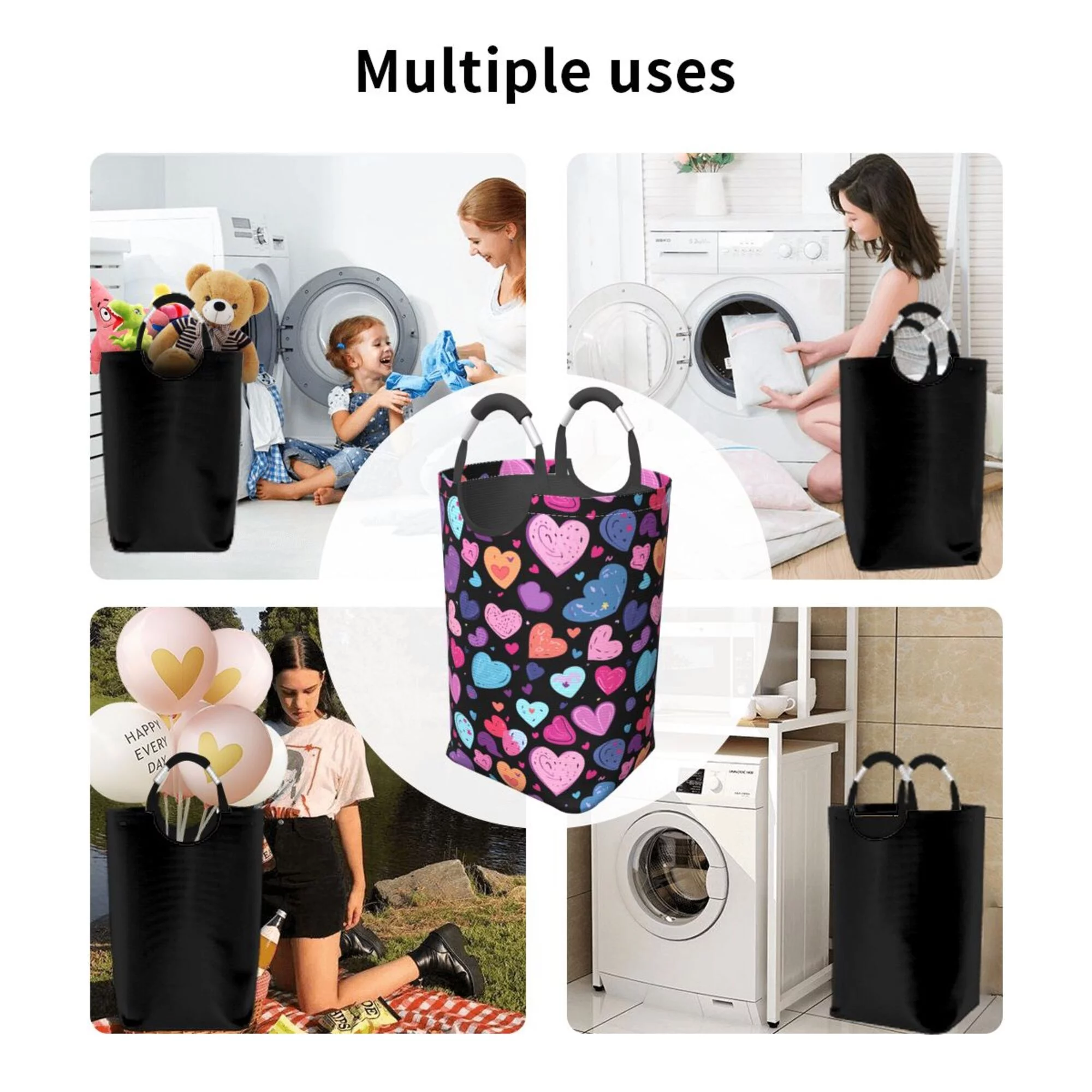 TEQUAN 50L Large Rectangular Laundry Hamper with Aluminum Handles, Valentine Purple Hearts Love Prints Waterproof Foldable Dirty Clothes Basket