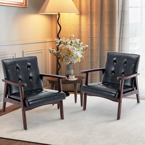 ANJ Mid Century Modern Accent Chair, Tufted Fabric Upholstery, Wood Frame, Beige