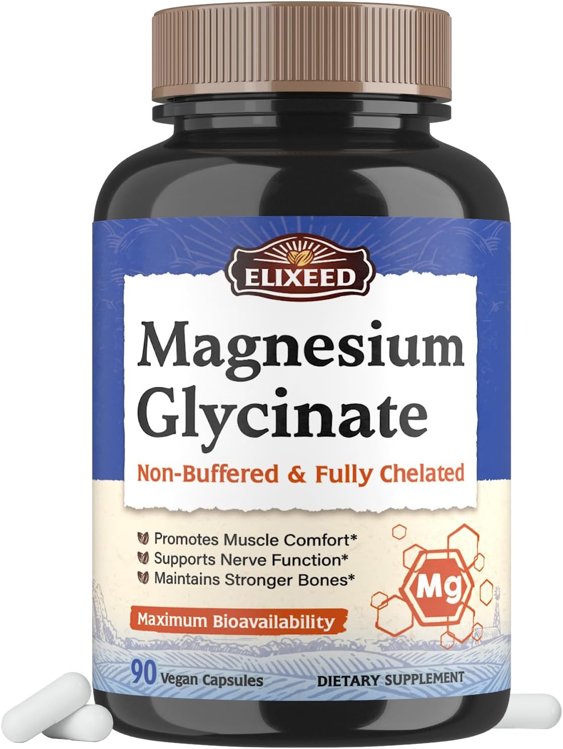 Magnesium Glycinate, 160mg Elemental Mag, Chelated & Non-Buffered, Maximum Bioavailability, Muscle, Bone & Nerve Health, Promote Relaxation, 90 Caps, Non-GMO