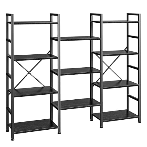 SUPERJARE Triple 4 Tier Bookshelf, Bookcase with 11 Open Display Shelves, Wide Book Shelf Book Case for Home & Office, Rustic Brown