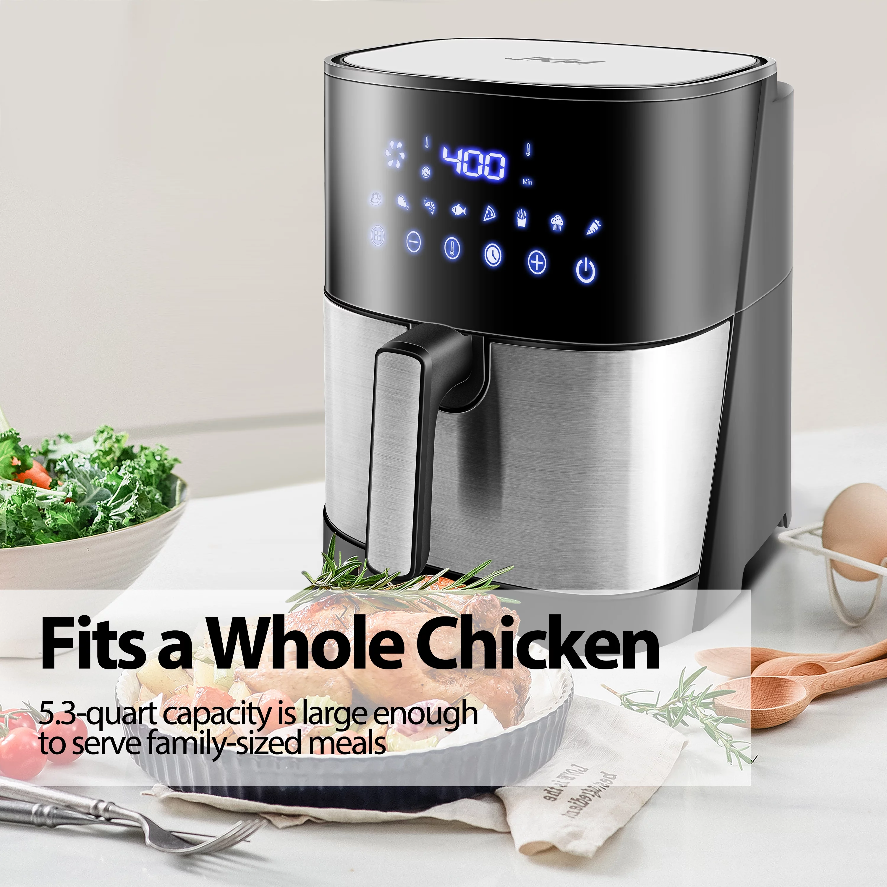 JKM Air Fryer 6.7 Quart, Digital Oilless Frying Cooker, Auto Shut Off, Stainless Steel, 8 Preset Programs