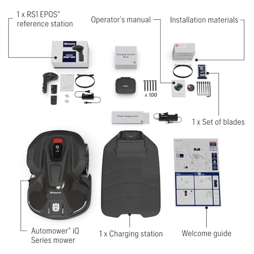 Husqvarna 410iQ Automower Robotic Mower, 0.5 Acre Mowing Capacity, Wire Free Robot Lawn Mower with Charging Station, RS1 EPOS Reference Station and Replacement Blades, 970727401