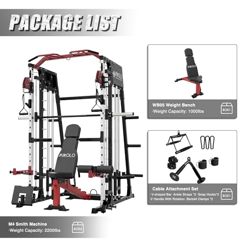 Mikolo Smith Machine, 2200lbs Squat Rack with LAT-Pull Down System & Cable Crossover Machine, Training Equipment with Leg Hold-Down Attachment
