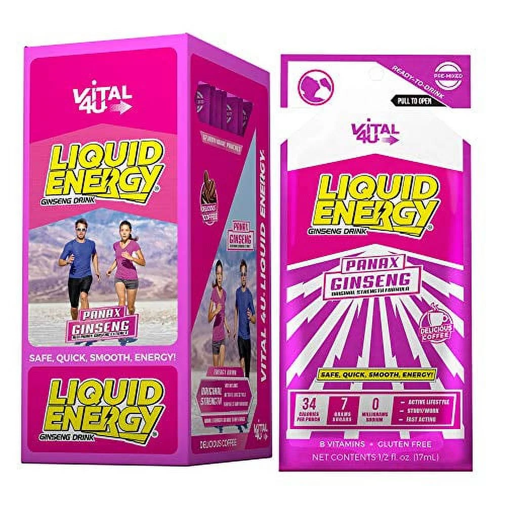 Vital 4U® Liquid Energy - Ginseng Energy Shot with Panax Ginseng Extract, B Vitamins, Natural Sweetener and Flavor, Delicious Coffee Flavor, 24 Count