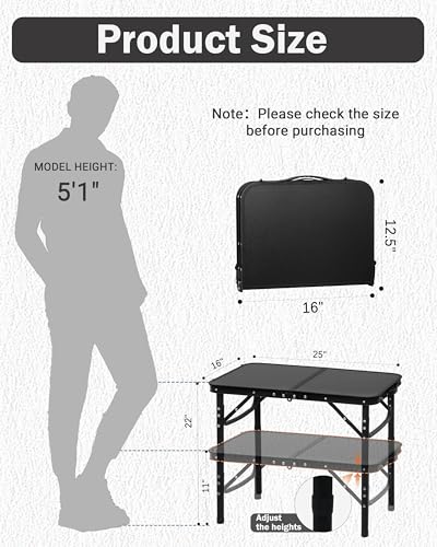 LOFTEY 2024 Reinforced Small Folding Table Portable, Small Foldable Camping Table, Heavy-Duty Mini Folding | Adjustable Height | Lightweight Premium Aluminum with Handle | Black 25