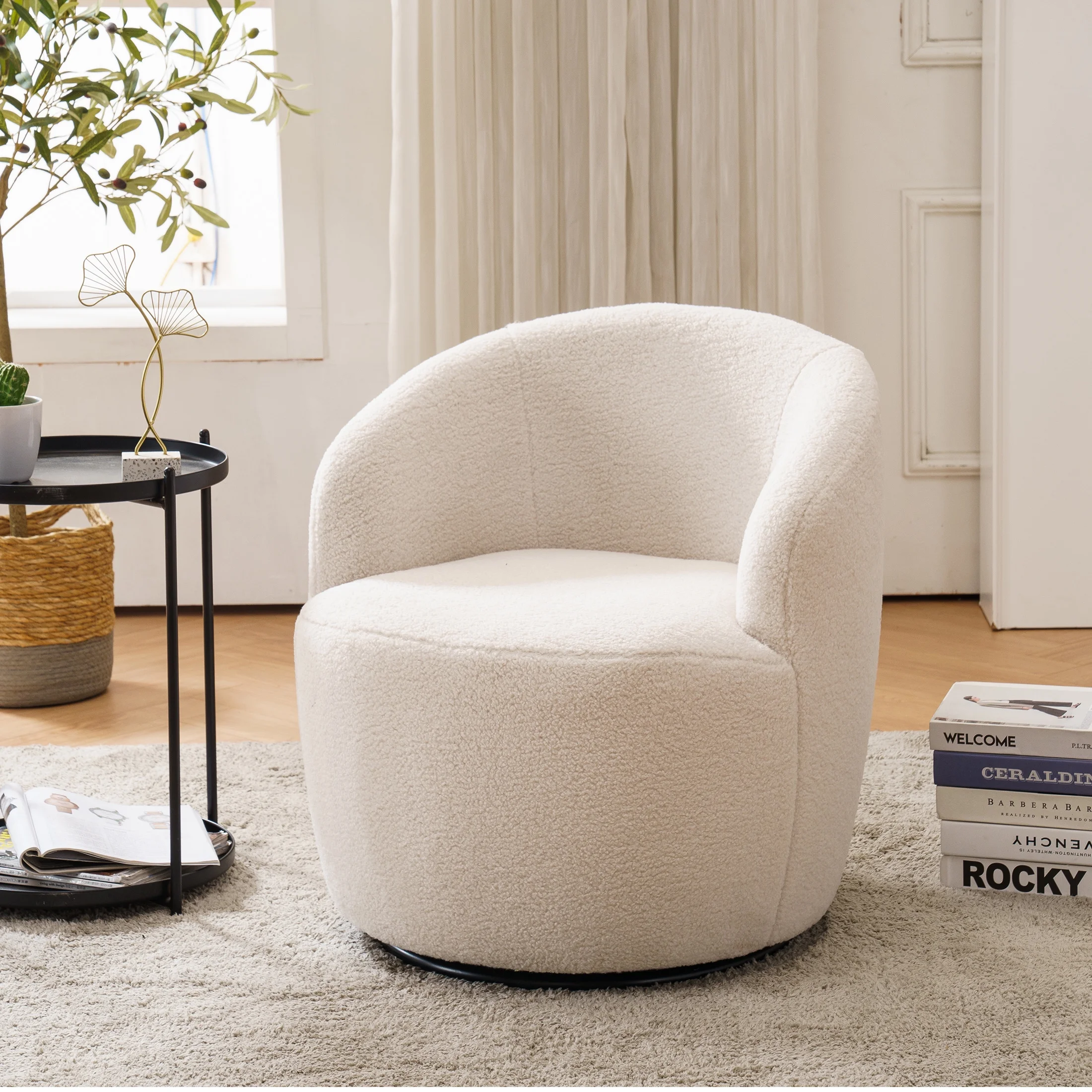 AiLive Barrel Chair Teddy Fabric 360 Degree Swivel Accent Armchair for Apartment,Living Room, Single Barrel Sofa for Bedroom, Office (White)