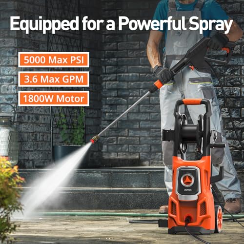 Electric Pressure Washer, Power 5000 Max PSI, 3.6 GPM Power Washer Machine with Hose Reel,4 Quick Connect Nozzles, Foam Cannon, for Cars, Patios, and Floor Cleaning, Tangerine