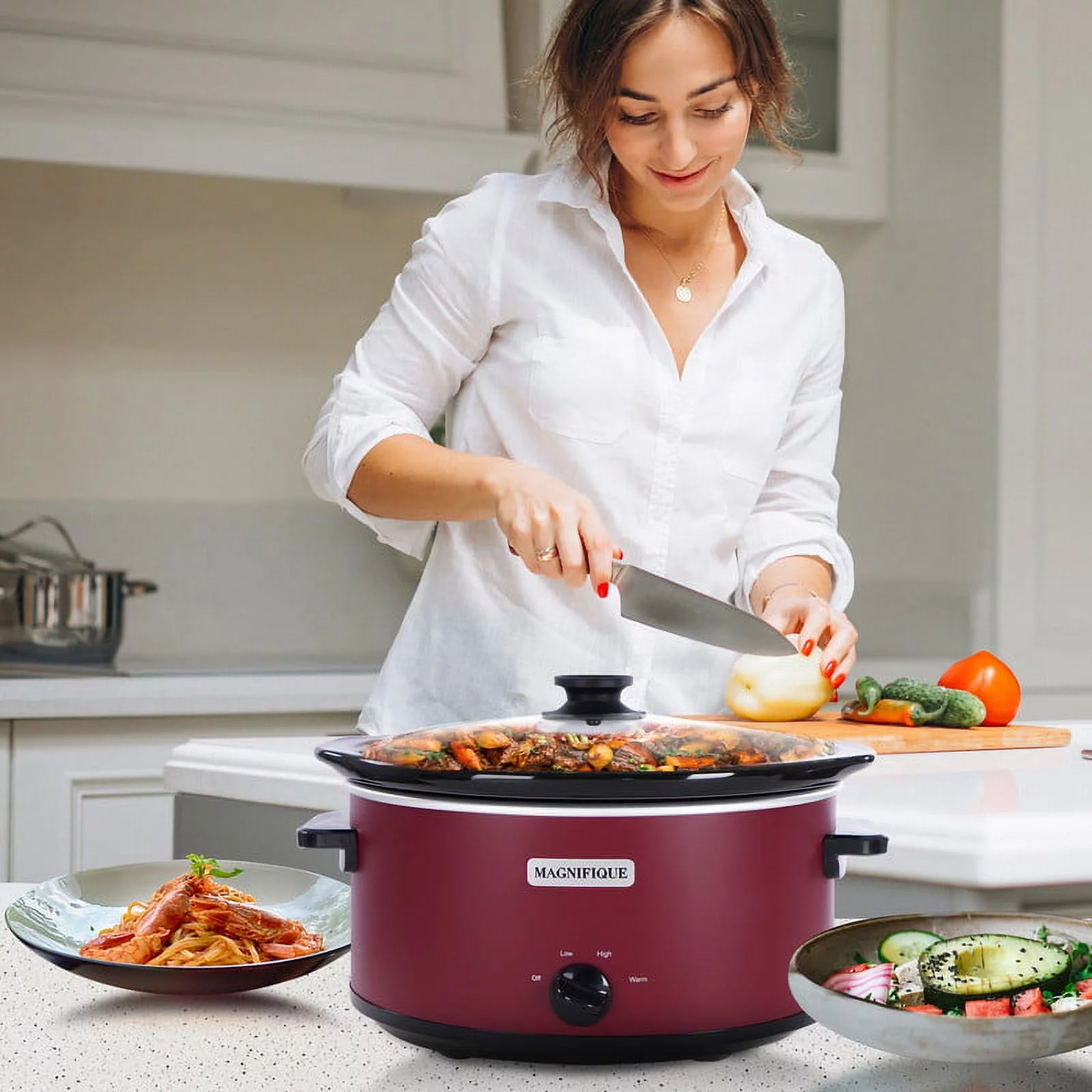 Magnifique 8 Quart Slow Cooker Oval Manual Pot with 3 Cooking Settings, Red