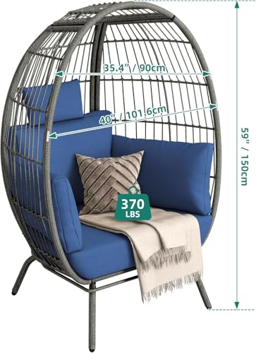 Wicker Egg Chair Outdoor - Patio Chair, Oversized Indoor Outdoor Lounger for Patio,Perfect for Backyard Lounger, & Balcony, Garden, Indoor, Steel Frame (Standing, Blue)