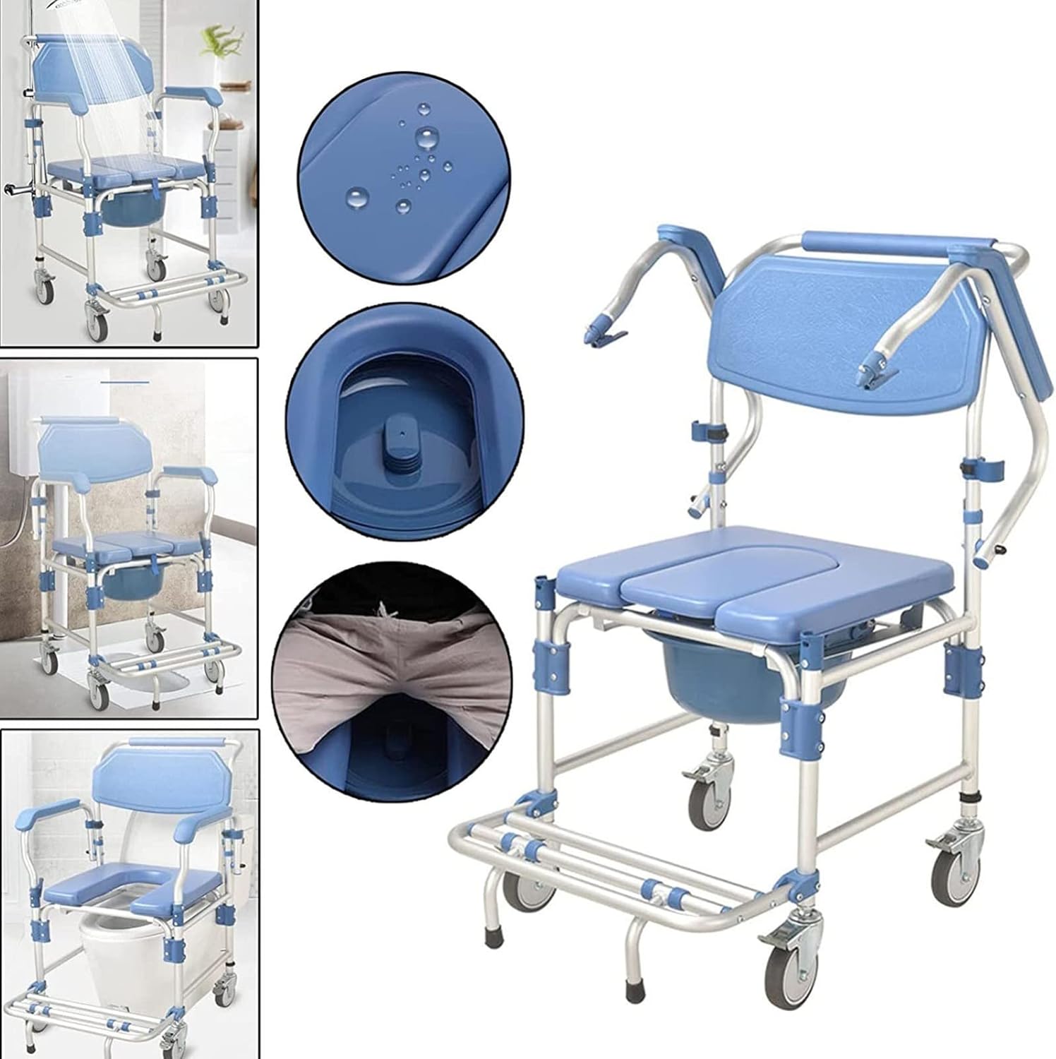 Toilet Chair with Wheeled - Shower Wheelchair - Commode Mobile Chair for Bathroom Toilet - Armrest Can Be Lifted Solid Construction Stable - Easy Assembly for Elderly Disabled Pers