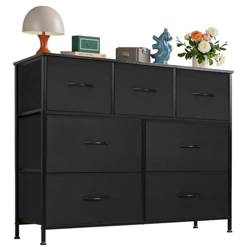 OLIXIS Dresser for Bedroom,8 Storage Fabric Drawers, Metal Frame and Wooden Top, Tall Storage Drawer Dresser for Closet with Easy Pull Handles for Living Room, Entryway, Small Space Black