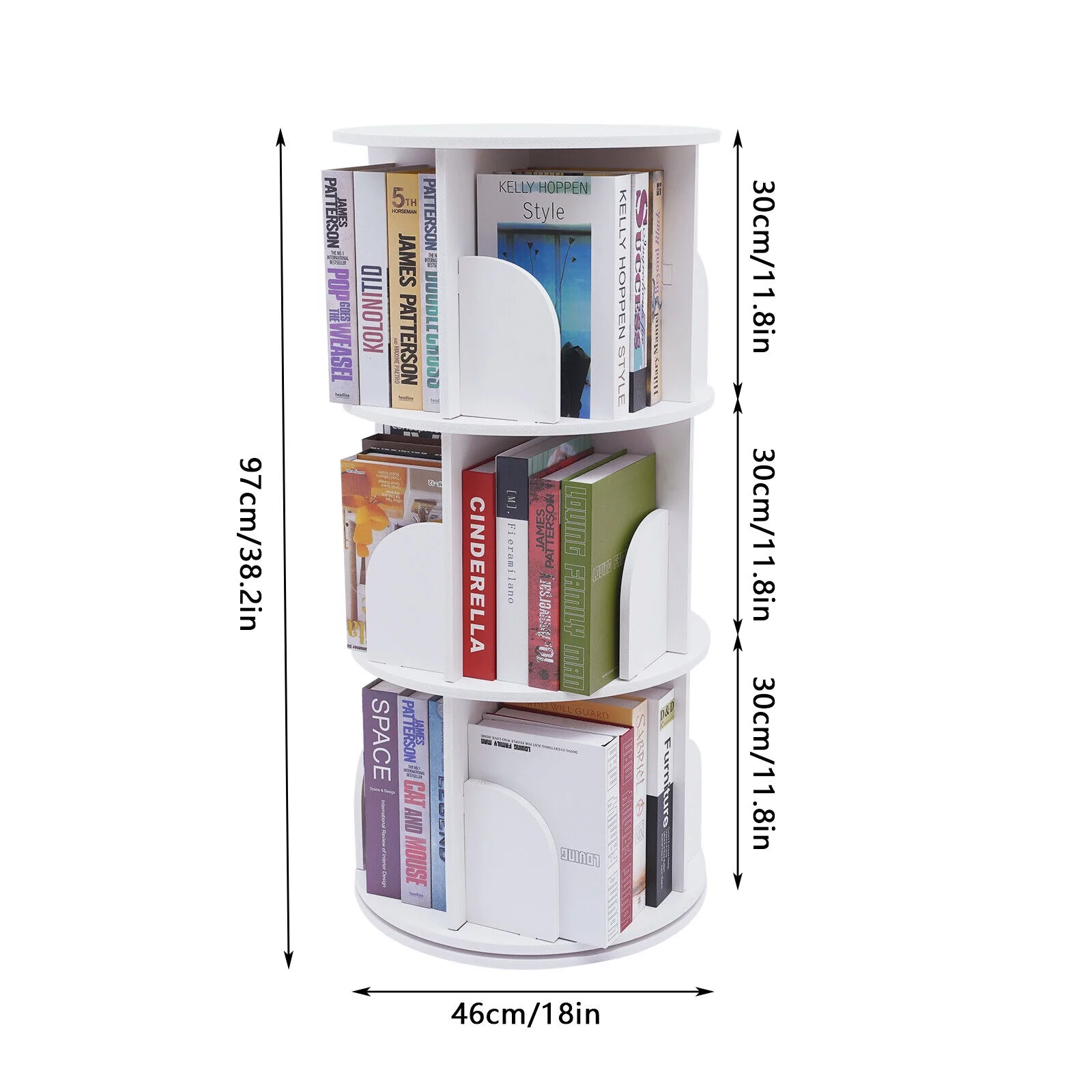 3 Tiers 360° Rotating Stackable Shelves Bookshelf Organizer White Modern
