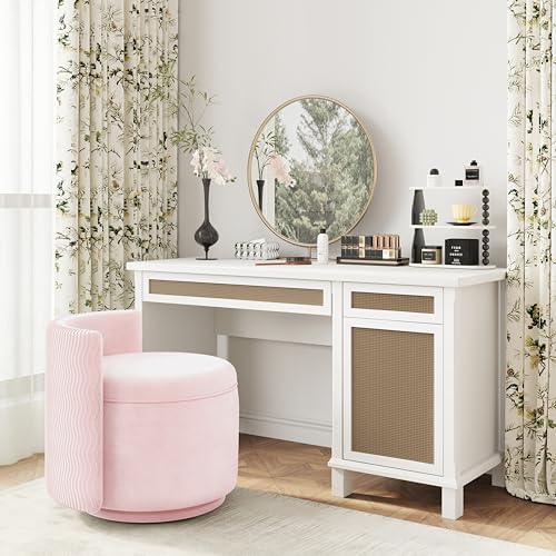 360° Swivel Accent Chair with Storage, Vanity Stool with Back, Velvet Storage Ottoman, Upholstered Round Barrel Vanity Chair for Living Room, Makeup Room, Bedroom (Gray)