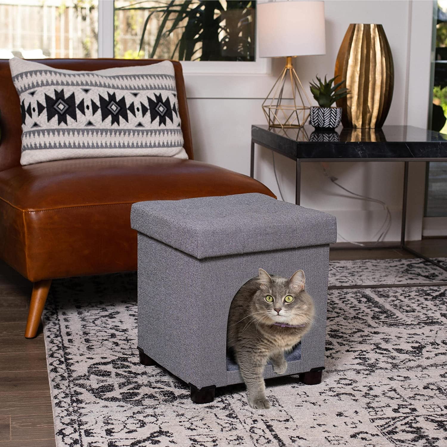 Pet House Bench Ottoman - Cat or Dog Furniture Bed - Footstool - Cozy Condo Cave