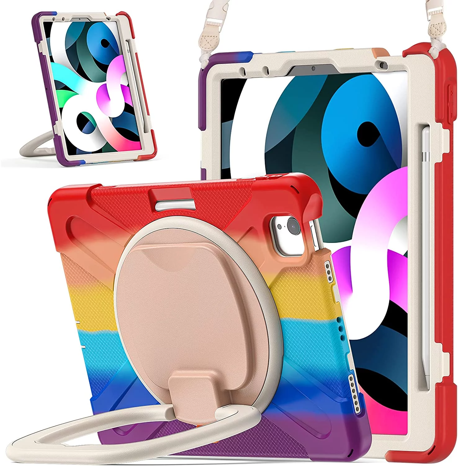 iPad Air4 2020/Air5 2022 Case iPad Pro11 case 4th/ 3rd / 2nd Generation 360°Rotatable Stand Shoulder Strap Pencil Holder Heavy Duty Shockproof Silicone Protective Case