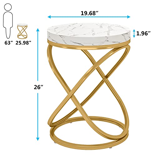 Tribesigns 26 Inches White and Gold Faux Marble Top End Tables Living Room Set of 2, Round Nightstands Sofa Side Table with Double X-Shaped Ring Unique Design for Bedroom