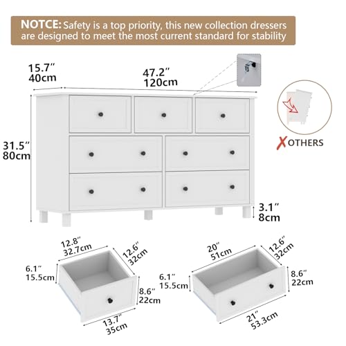 Farmhouse Dresser with 7 Drawers, White Dresser for Bedroom, Chest of Drawers, Modern Dresser for Closet, TV Stand with Large Drawers, Storage Dresser Organizer Clothes for Living Room, Hallway