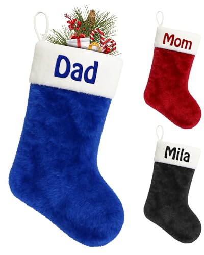 Printualist Personalized Christmas Stockings (18 inch) - Custom Embroidered Name Red Green Ivory Santa Deer Tree Pet Cat Dog- Rustic Farmhouse Fireplace for Family Decorations Holiday