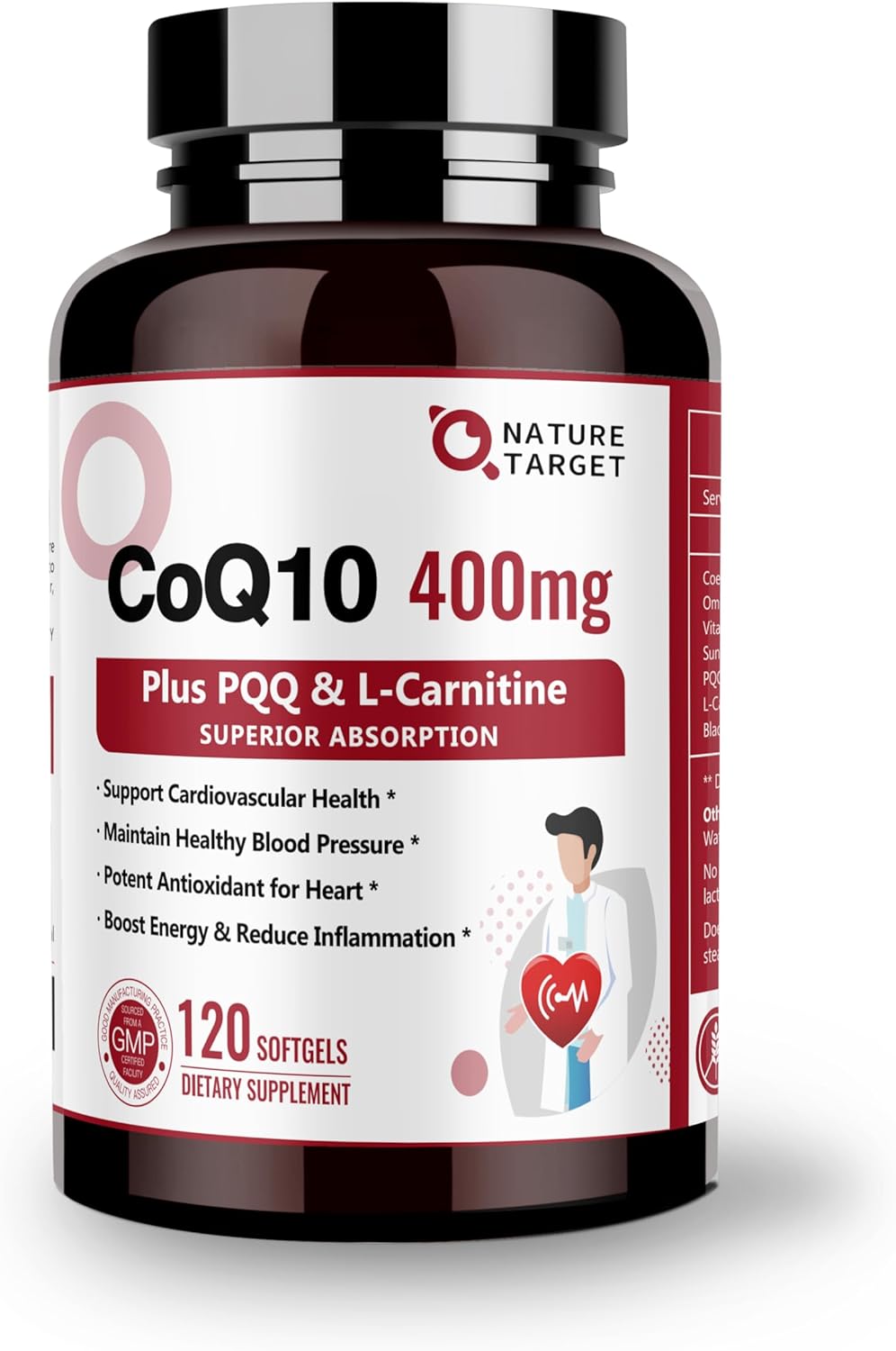 NATURE TARGET CoQ10-400mg with PQQ, Omega-3s & L-Carnitine, High Absorption Coenzyme-Q10 with BioPerine, Supports Heart, Brain, Immune System, Energy Production, 120 Servings