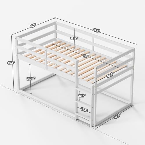 Low Bunk Bed Twin Over Twin, Floor Bunk Bed with Ladder, Twin Bunk Bed with Full Guardrails, Wooden Bunk Bed for Juniors, Boys, Girls, Kids, Bedrooms (Natural)