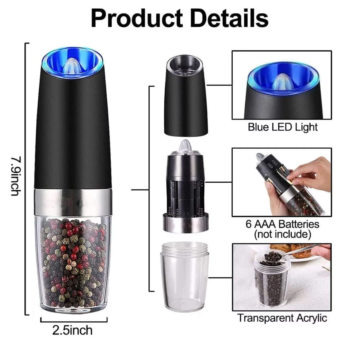Deago 2 Pack Electric Gravity Salt and Pepper Grinder Set with Adjustable Coarseness Automatic Pepper and Salt Mill Grinder Battery Powered with LED Light