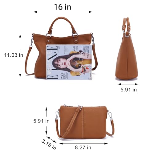 Genuine Leather Purses Handbags for women,Real Soft Leather Tote Purse Bags for Work Travel Business Trip,Color Brown