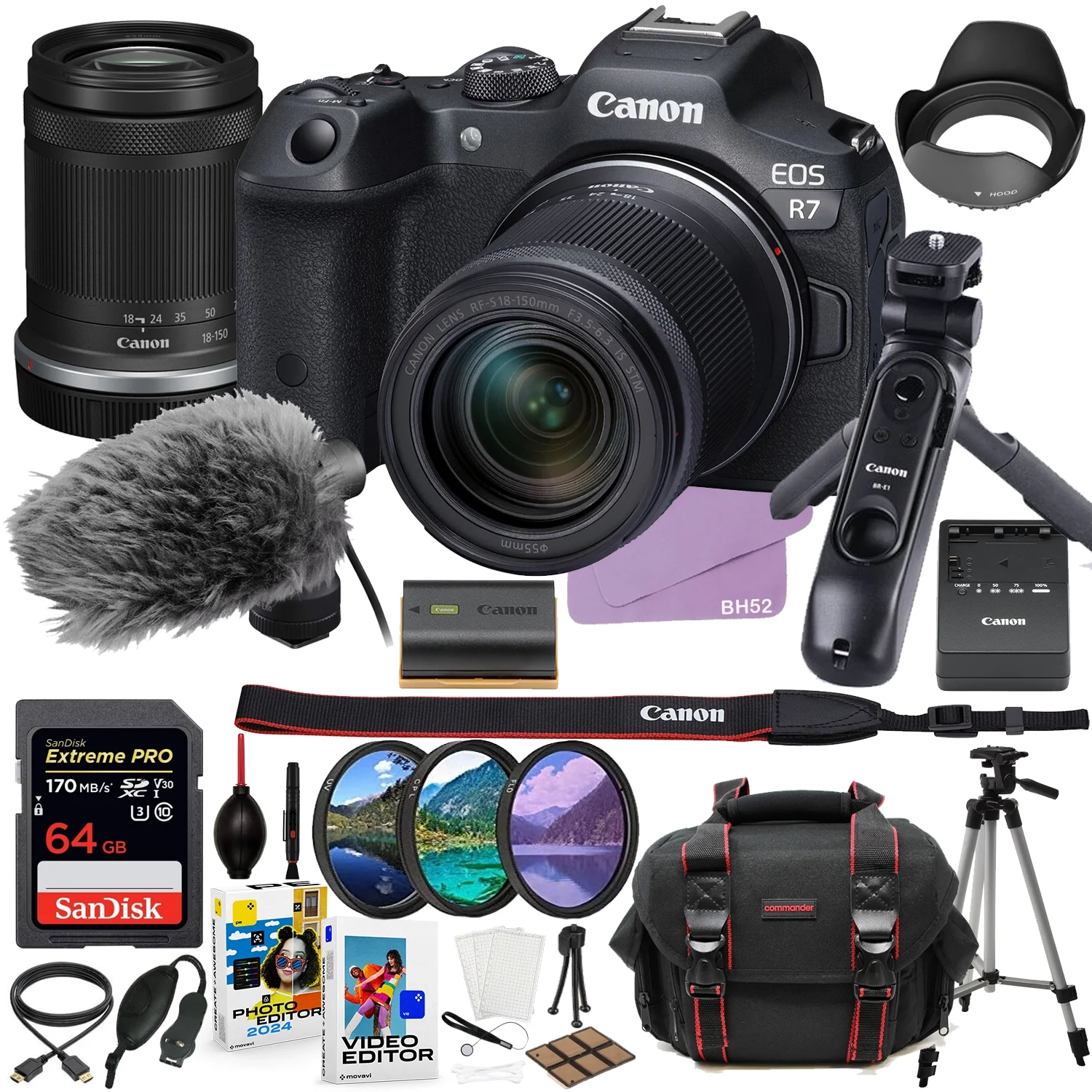 Canon EOS R7 Mirrorless Camera with 18-150mm Lens Content Vlogging Kit with DM-E100 Microphone & HG-100TBR Tripod Grip + 64GB Extreme Accessory Bundle (37 Items)