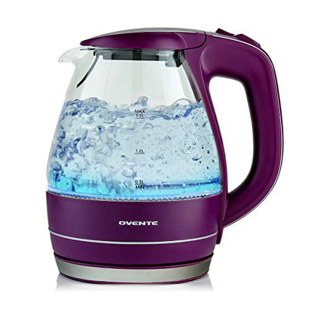 Ovente Electric Hot Water Portable Glass Kettle with Filter 1.5 Liter Stainless Steel Base Countertop Teapot & Auto Shutoff BPA-Free Fast Heating, Boil Dry Protection, Brew Coffee & Tea, Purple KG83P