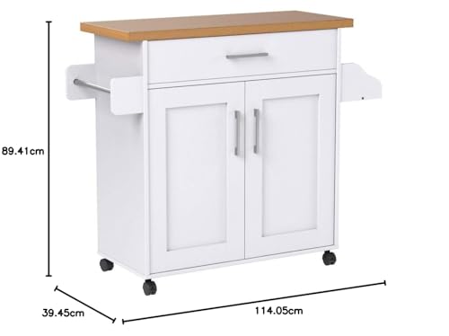Hodedah Rolling Wood Kitchen Island Cart with Spice Rack, Towel Rack, Utensil Drawer plus Cabinet, White with Beech Top