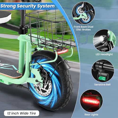 Caroma Peak 500W/800W/1200W Electric Scooter with Seat, 30 Miles Max Range Electric Scooter Adults&Teens, 48V Large Battery, 20MPH Top Speed Foldable Ebike, Adjustable E-Bike with Basket&Kid Seat