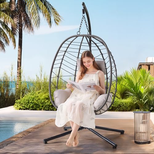 Hanging Egg Chair with Stand, Outdoor Indoor Egg Swing Chair with Cushion Headrest, Wicker Rattan Egg Chair with Dual Chains, 350LBS Capacity for Patio, Porch, Balcony, Bedroom (Dark Gray)