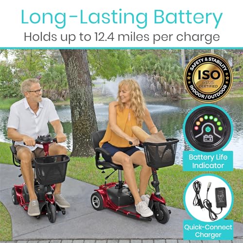 Vive 3 Wheel Mobility Scooter - Electric Powered Mobile Wheelchair Device for Adults - Folding, Collapsible and Compact for Travel - Long Range Power Extended Battery with Charger and Basket Included