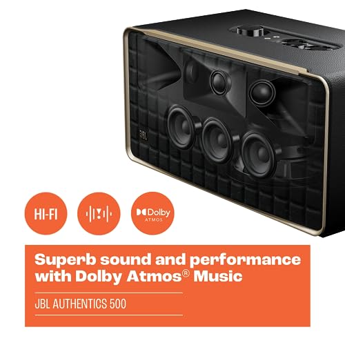 JBL Authentics 200 - Retro Style Smart Home Speaker with Built in Wi-Fi, Bluetooth and Voice Assistants, Alexa and Google Assistant, Multi-Room Playback, Automatic self tuning (Black/Gold)