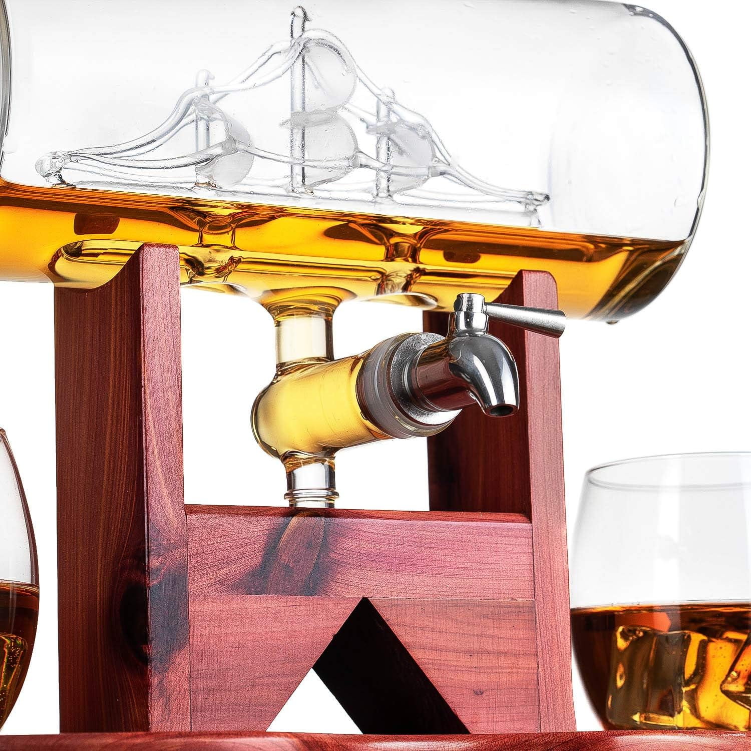 Whiskey Decanter Set, Liquor Dispenser for Home Bar, Crystal Glass - 1250ml Ship & 2 Whiskey Glasses Beautiful Stand Fathers Day, Gift for Dad, Husband or Boyfriend - The Wine Savant 100% Lead-Free