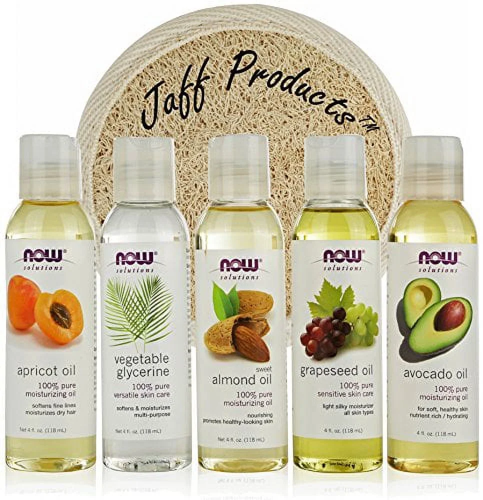 New Now Foods Solutions 5 Pack - Carrier Oil Gift Set: Almond Oil - Grapeseed Oil - Avocado Oil - Apricot Oil - Vegetable Glycerine Oil 100% Natural Moisturizing Massage 4 Oz - Free Loofah Sponge ...