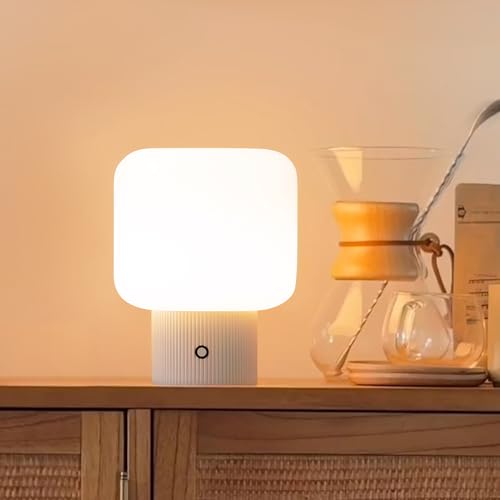 Halo Mushroom Lamp, 5W Cute Cordless Rechargeable Table Lamp with Glass Shade, 3 Color Temps LED Dimmable Ambient Lighting, Small Retro Touch Bedside Light for Bedroom Decor, Mustard Yellow