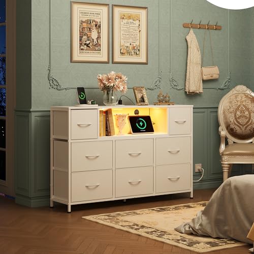 WLIVE Dresser for Bedroom, TV Stand for Bedroom for 50, 55 inch TV with Charging Station and LED Lights, Fabric Chest of Drawers with Open Shelves, 8 Drawer Dressers for Living Room, Closet