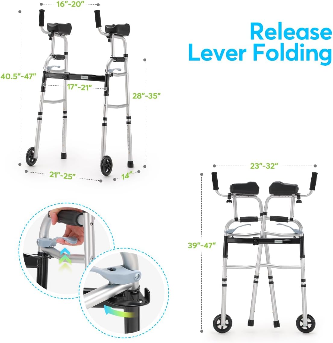 OasisSpace Folding Walker - Standard Walker with 5’’ Wheels and Removable Padded Armrests 300lbs, Platform Walker with Arm Support for Senior, Handicap & Disabled