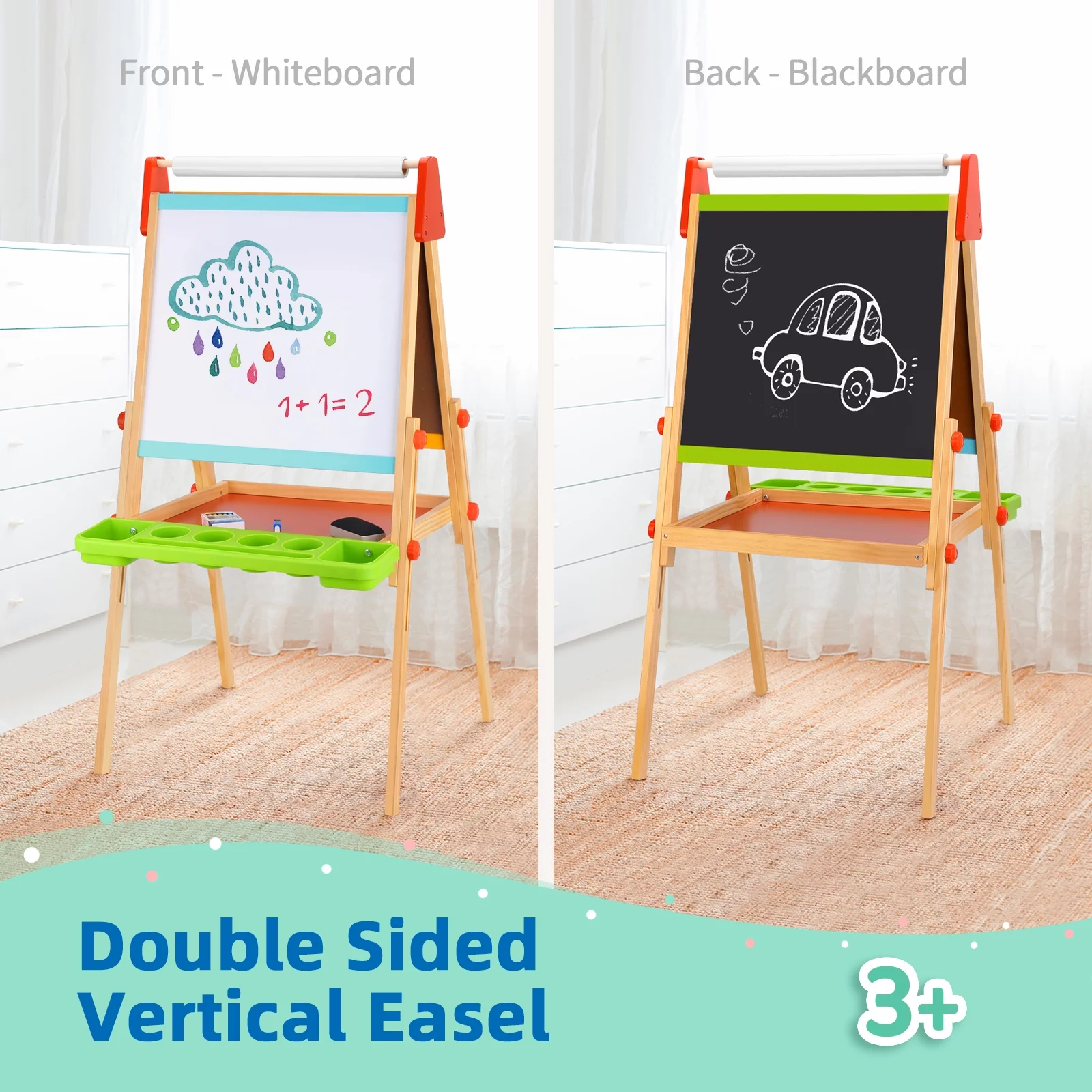 TOOKYLAND Wooden Easel for Kids - Adjustable Height Stand with Magnetic Whiteboard, Chalkboard, Paper Roll, Magnets, Drawing and Painting Accessories; Arts & Crafts Toy for 3 Year Old +