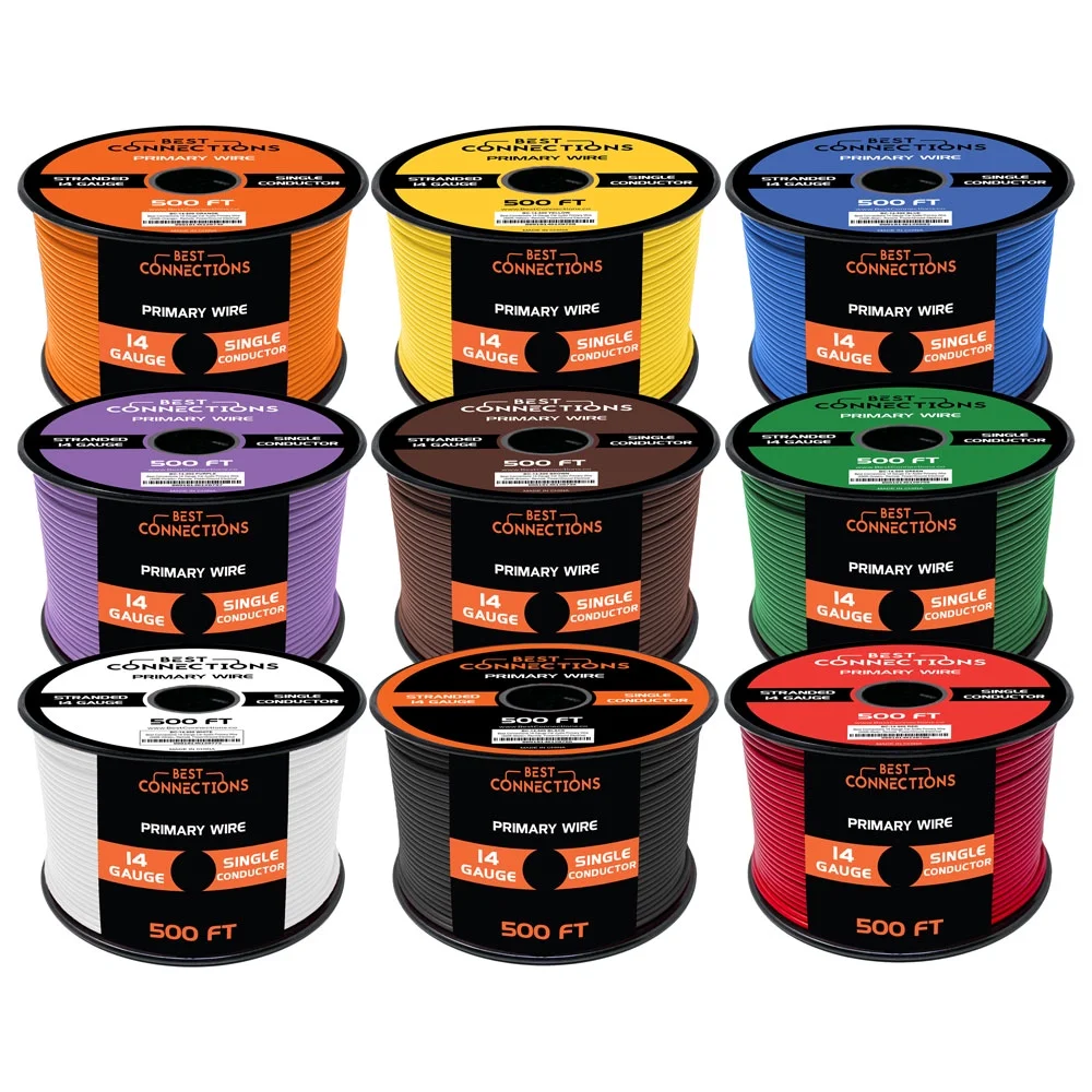 BEST CONNECTIONS 14 Gauge Automotive Primary Wire (500ft Each 9 Color Bundle Set) | Ideal for Trailer, and Lighting Circuits | Durable Primary/Remote, Power/Ground Electrical Wiring
