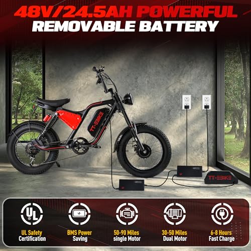 Dual:𝟑𝟎𝟎𝟎𝐖,𝟐𝟎𝟎𝟎/𝟏𝟓𝟎𝟎/𝟏𝟎𝟎𝟎𝐖 Folding Electric Bike Adults with 48V 23/20/17.5AH Battery, 26x4.0 Fat Tire Mountain E Bike, Full Suspension 31-38 MPH, Shim 7-Speed Gear