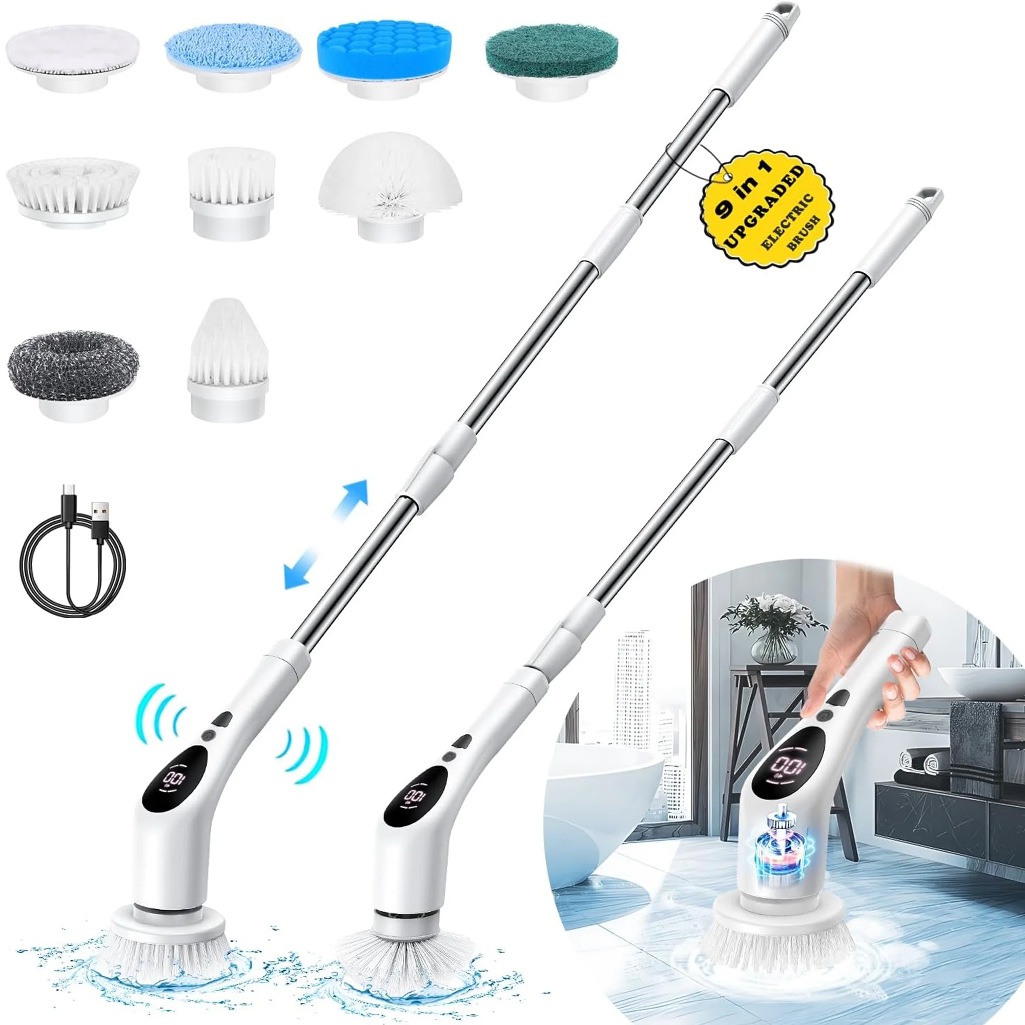 Electric Spin Scrubber, 9 in 1 Cordless Cleaning Brush IPX6 with 9 Replaceable Brush Heads, 3 Adjustable Speeds, Spin Brush for Bathroom, Tub, Tile, Floor, Kitchen, Window