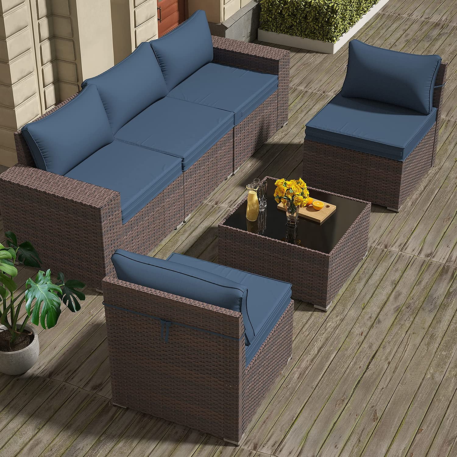 Gotland Patio Furniture Sets 6 Pieces PE Rattan Wicker Patio Sectional Outdoor Sofa Set(Navy blue)