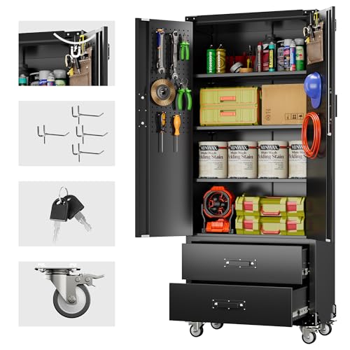 71''H Metal Garage Storage Cabinet with Pegboard, Rolling Tool Cabinets on Wheels with 5 Adjustable Shelves for Garage Office School Home Warehouse Utility Room, Assembly Required,Black