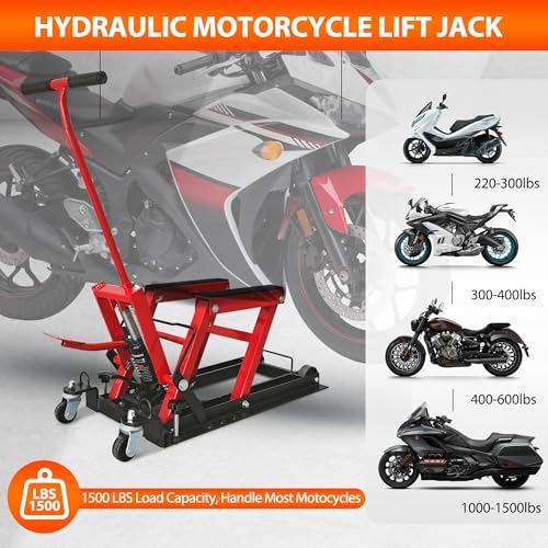 Hydraulic Motorcycle Lift Jack, 1500 LBS Capacity Motorcycle Jack Stand with Wheels and T- Bar Handle, Solid Steel ATV Jack Hydraulic Lifts for Motorcycles UTV Dirt Bike Powersports, 2 Ratchet Belts