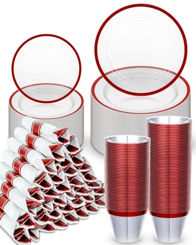 350PCS Disposable Plates Set,Clear and Black Dinnerware Sets Suitable for 50 Guests,100 Plastic Plates,50 Plastic Cups,50 Pre-Rolled Napkins with Cutlery for Halloween Party,Christmas