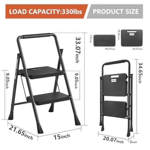 3 Step Ladder, RIKADE Folding Step Stool, Step Stool with Wide Anti-Slip Pedal, Lightweight, Portable Folding Step Ladder with Handgrip, Multi-use Steel Ladder for Household and Office Black