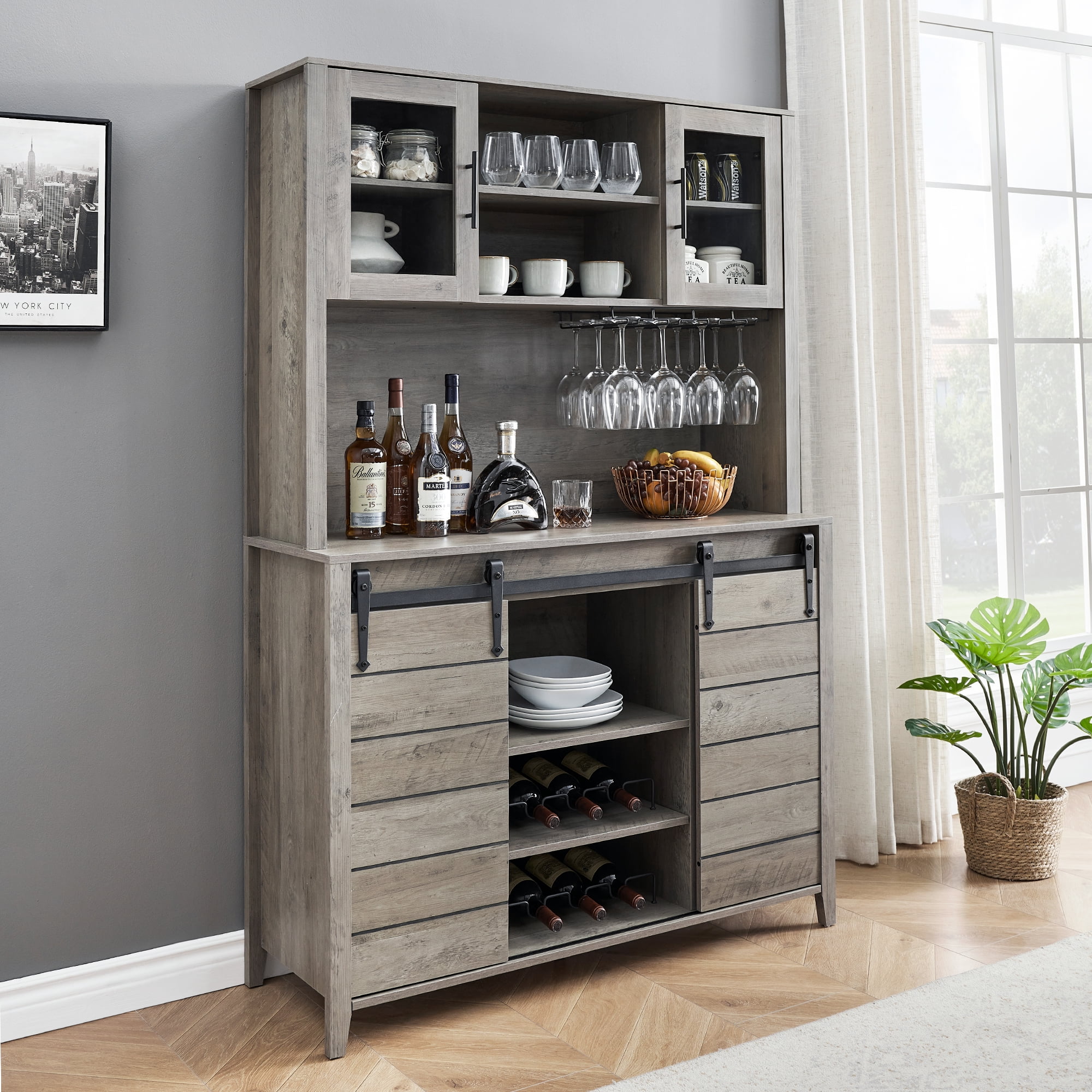 Tropow Separate Wine Cabinet, Underfloor Wine Cabinet Bar With Removable Side Cabinet Doors, Family Coffee Bar Cabinet With 5 Level Storage Racks, Bedroom, Living Room, Rustic Gary